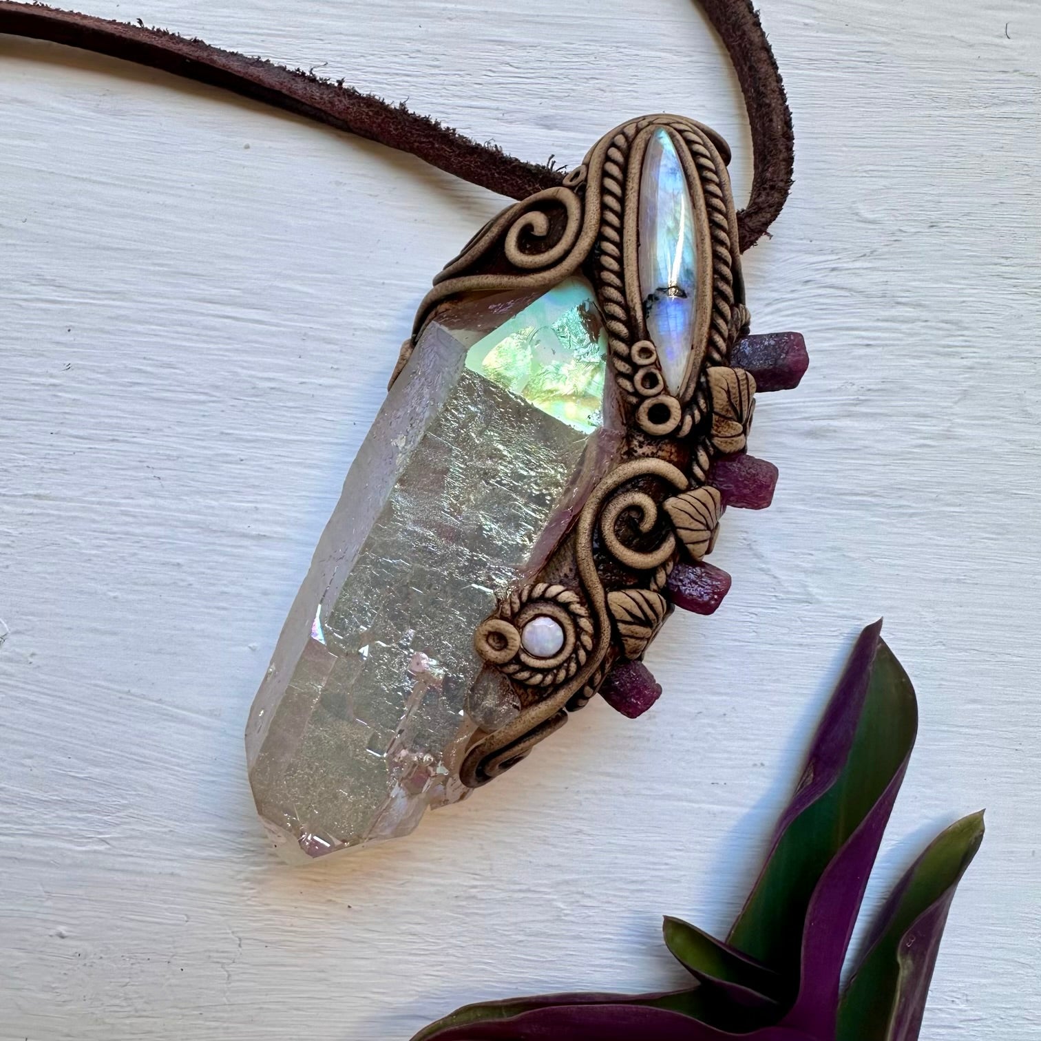 Angel Aura Quartz Ruby Moonstone and Australian Opal Wand / Pendant, Healing Crystal Handmade Wand - FairyGardenGlow