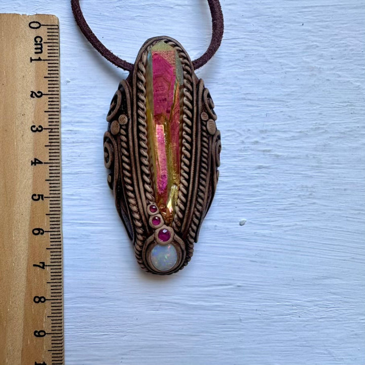Sunset Aura Quartz Australian Opal and Ruby Necklace - FairyGardenGlow