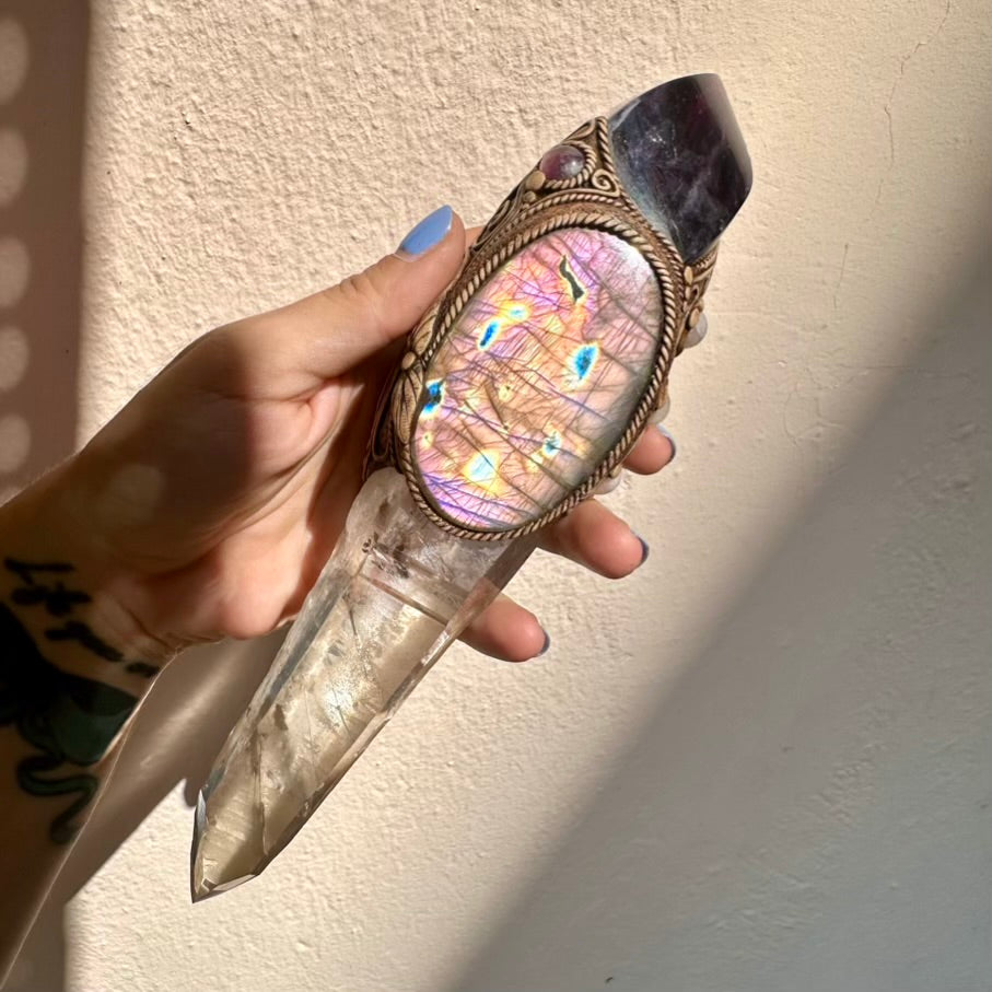Crystal Wand - Large Lemurian Seed Quartz, Purple Fluorite Flame, Purple Labradorite, Morganite and Amethyst Wand - FairyGardenGlow