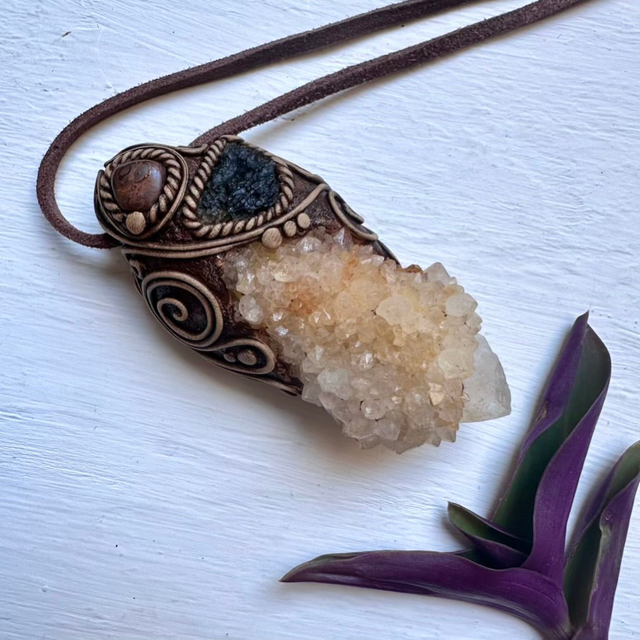 Spirit Quartz Moldavite and Boulder Opal Wand / Pendant - FairyGardenGlow