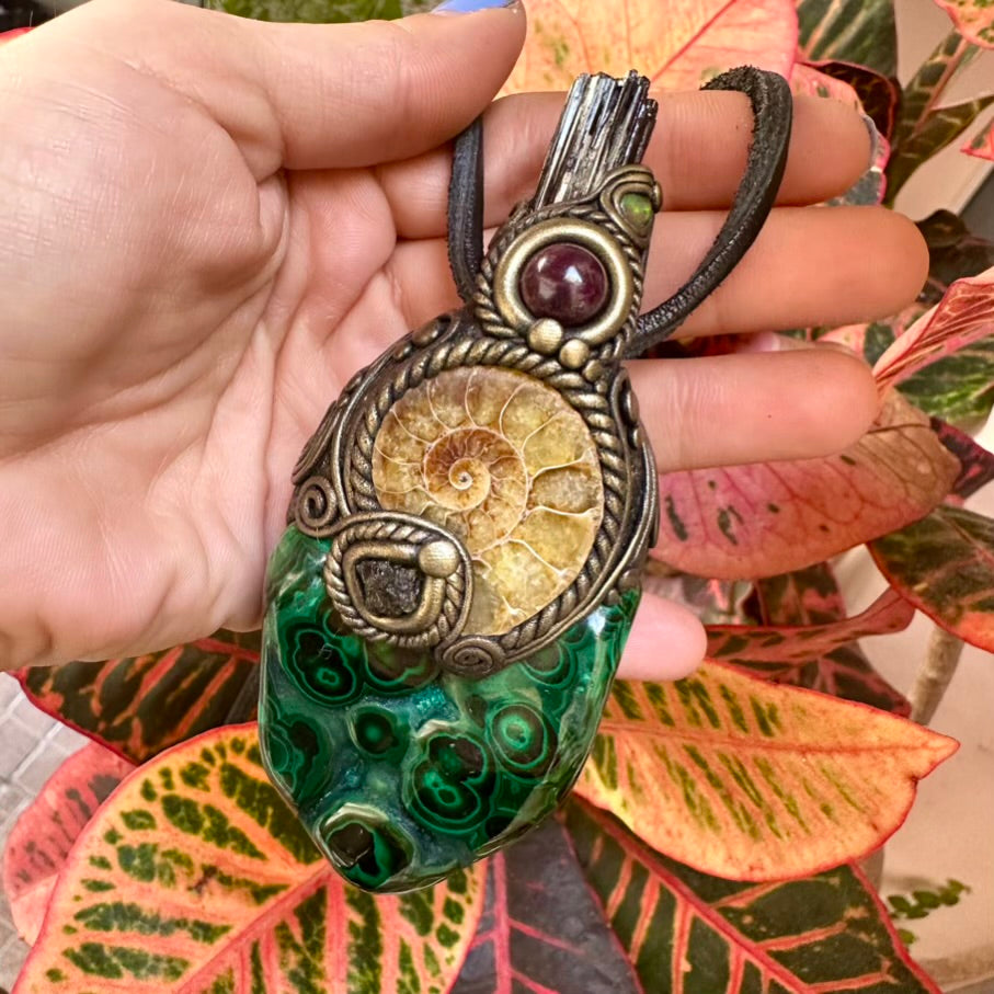 Malachite Ammonite Moldavite Black Tourmaline Ruby and Opal Wand / Healing Crystal Talisman - FairyGardenGlow
