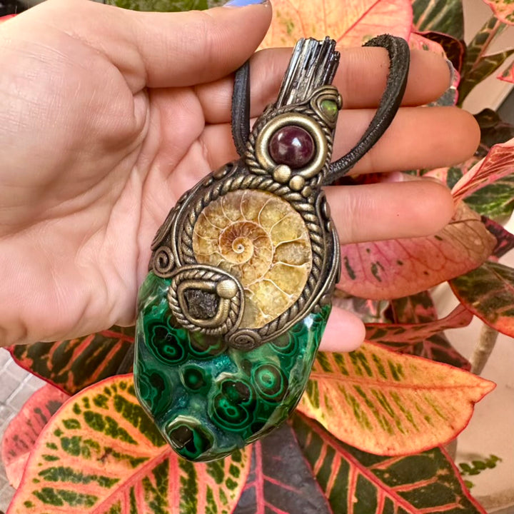 Malachite Ammonite Moldavite Black Tourmaline Ruby and Opal Wand / Healing Crystal Talisman - FairyGardenGlow