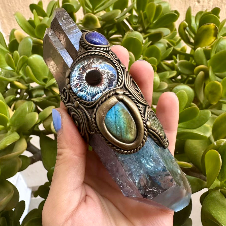 Aqua Aura Quartz Smoky Quartz Lapis Lazuli Labradorite Moldavite Third Eye Healing Crystal Wand - FairyGardenGlow