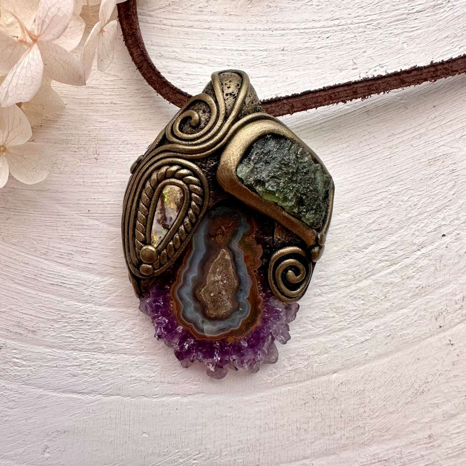 Amethyst Stalactite Moldavite and Boulder Opal Pendant, Handmade Crystal Necklace - FairyGardenGlow