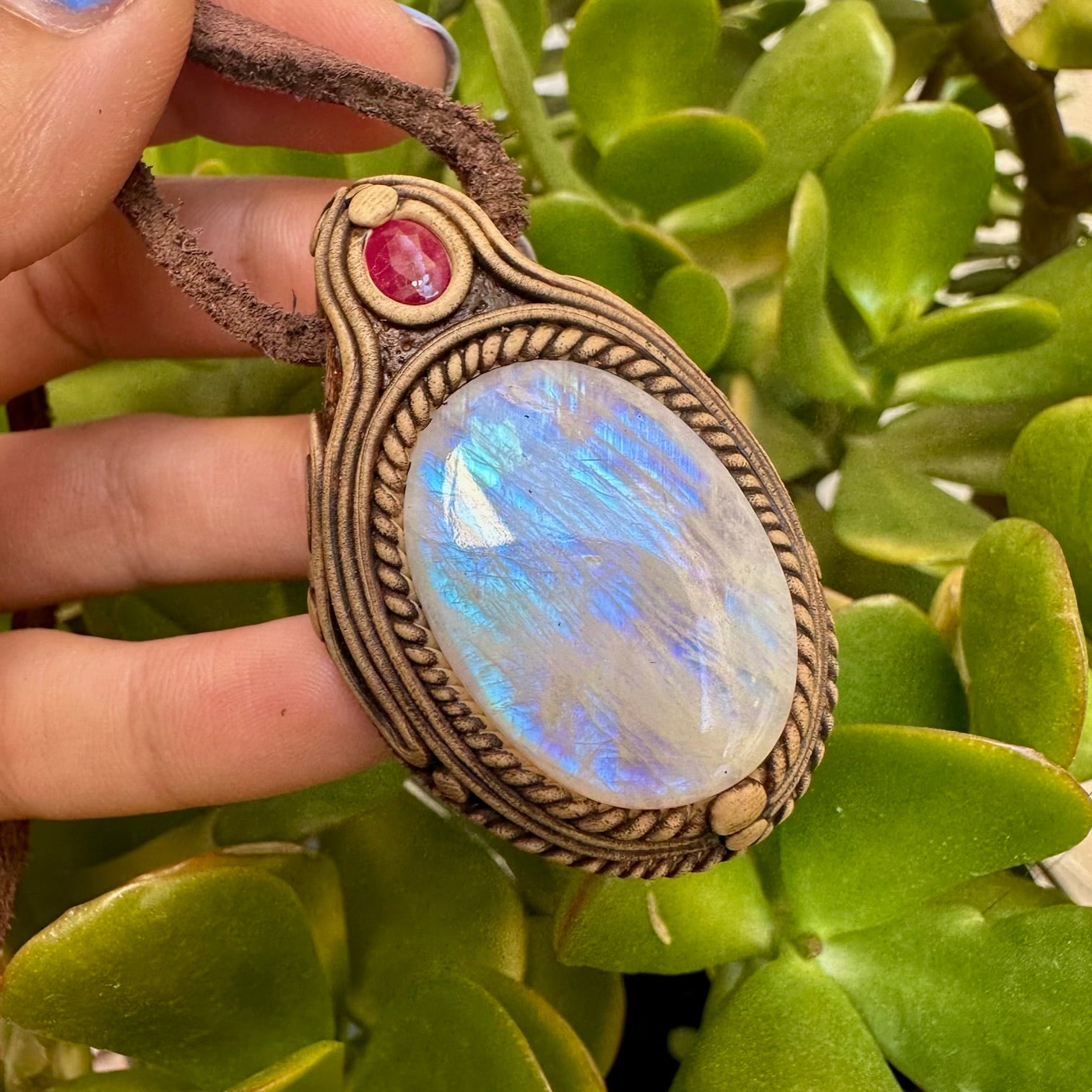 Rainbow Moonstone and Ruby Necklace - FairyGardenGlow