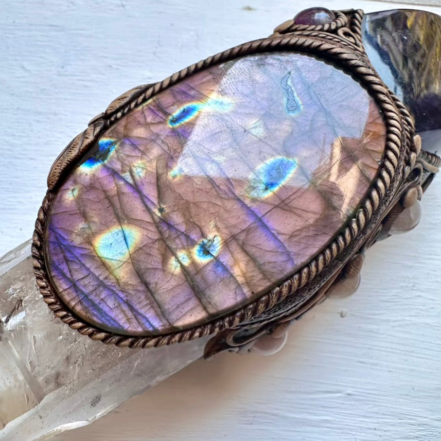 Crystal Wand - Large Lemurian Seed Quartz, Purple Fluorite Flame, Purple Labradorite, Morganite and Amethyst Wand - FairyGardenGlow