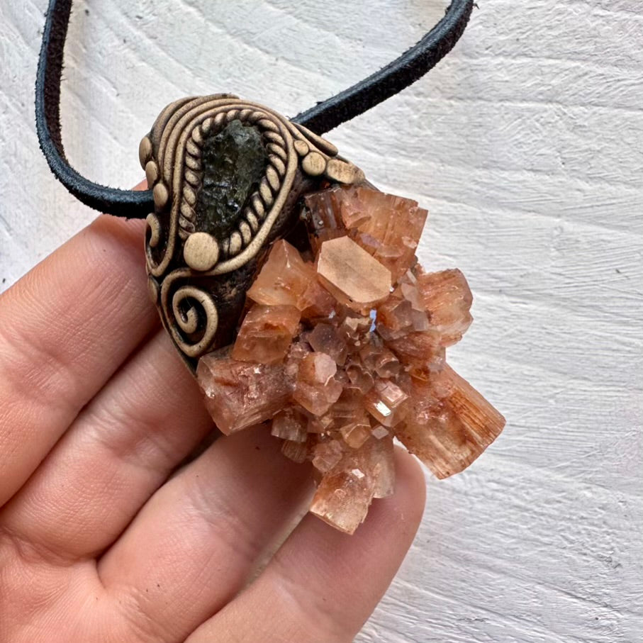 Aragonite and Moldavite Pendant - FairyGardenGlow