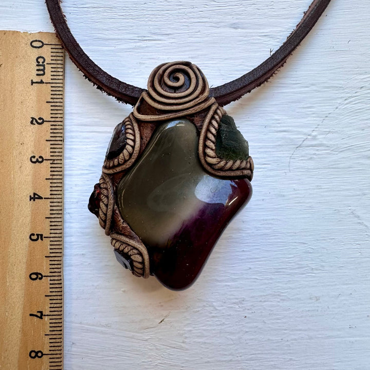 Mookaite Jasper Moldavite and Red Garnet Necklace - FairyGardenGlow