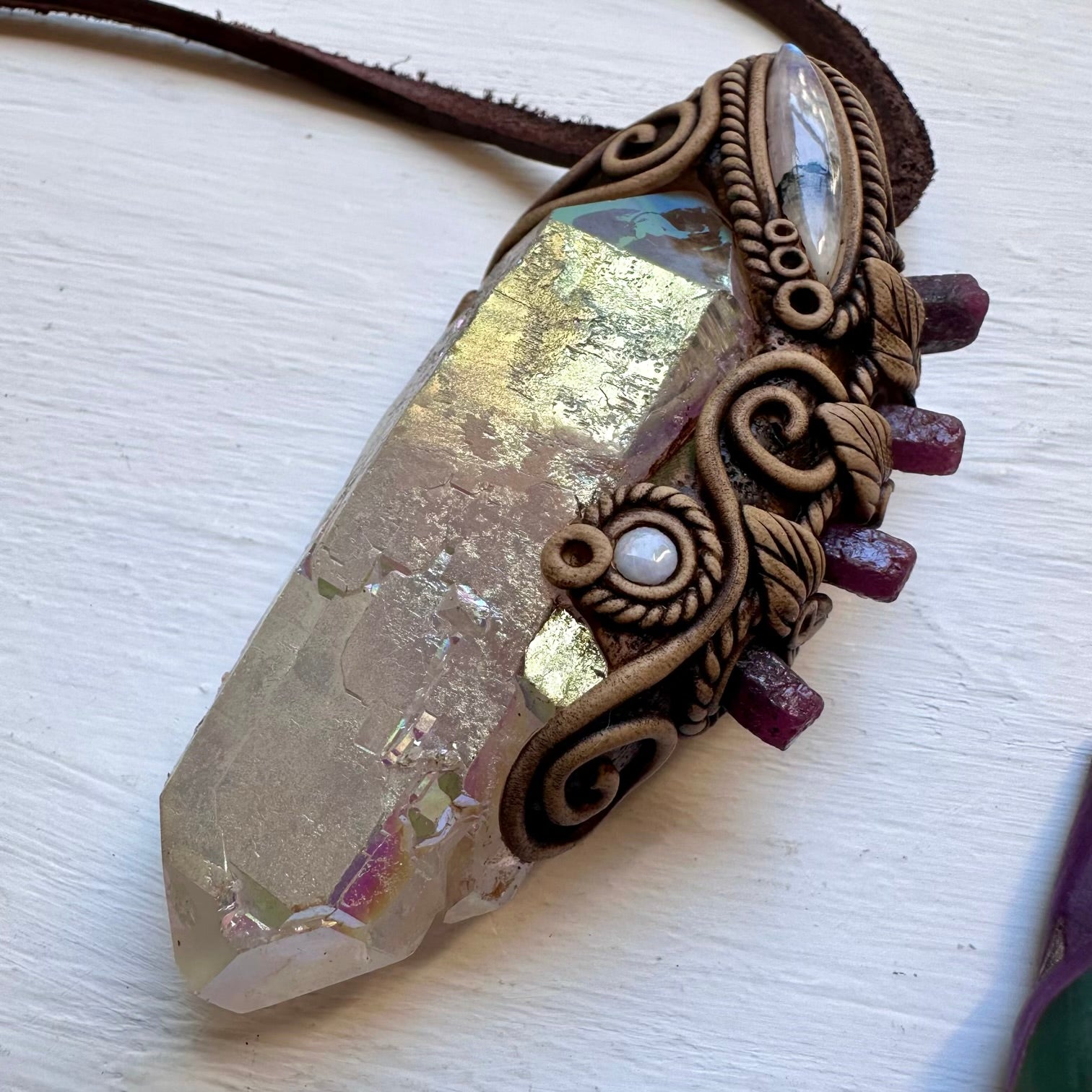 Angel Aura Quartz Ruby Moonstone and Australian Opal Wand / Pendant, Healing Crystal Handmade Wand - FairyGardenGlow
