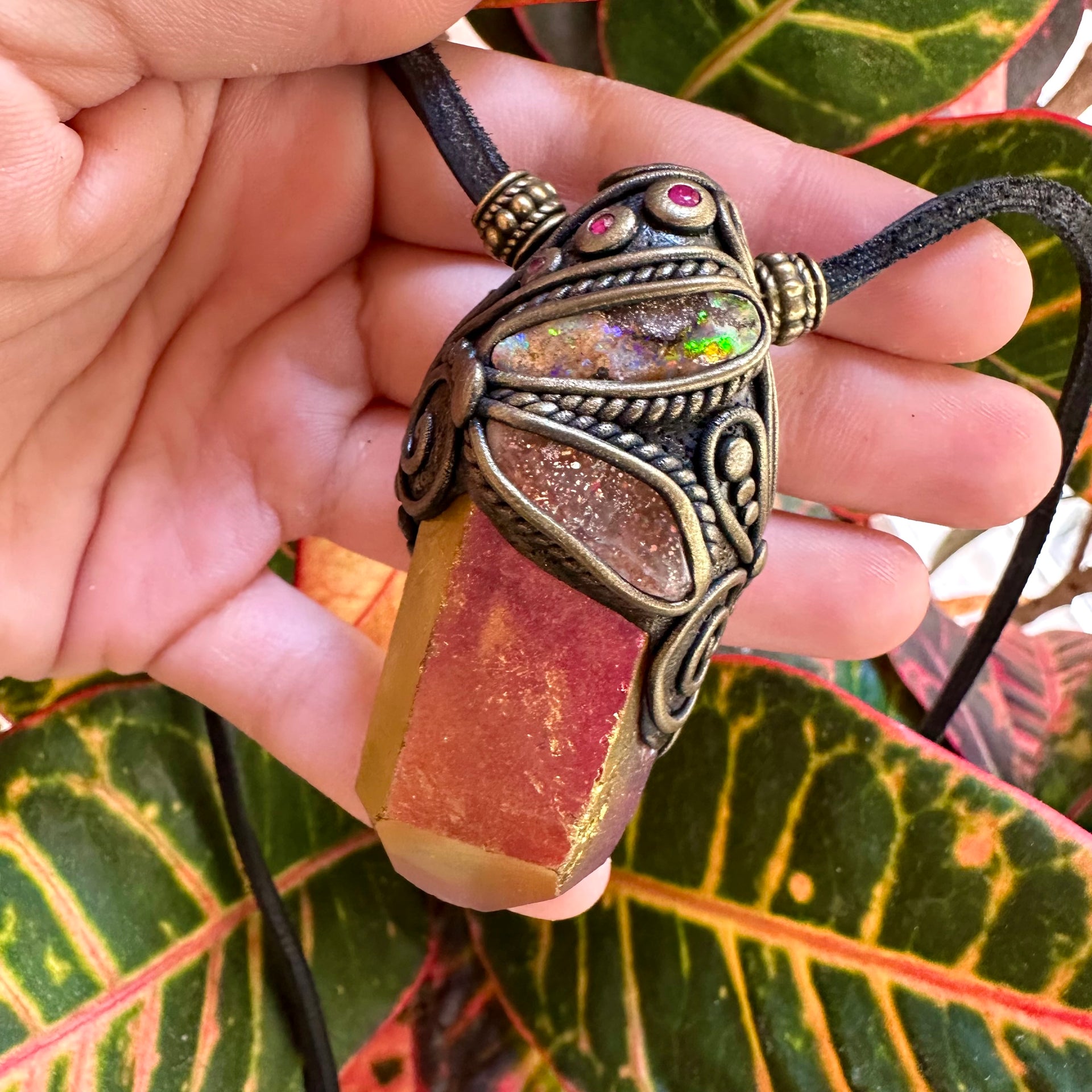 Sunset Aura Quartz Sunstone Boulder Opal and Ruby Wand / Necklace - FairyGardenGlow