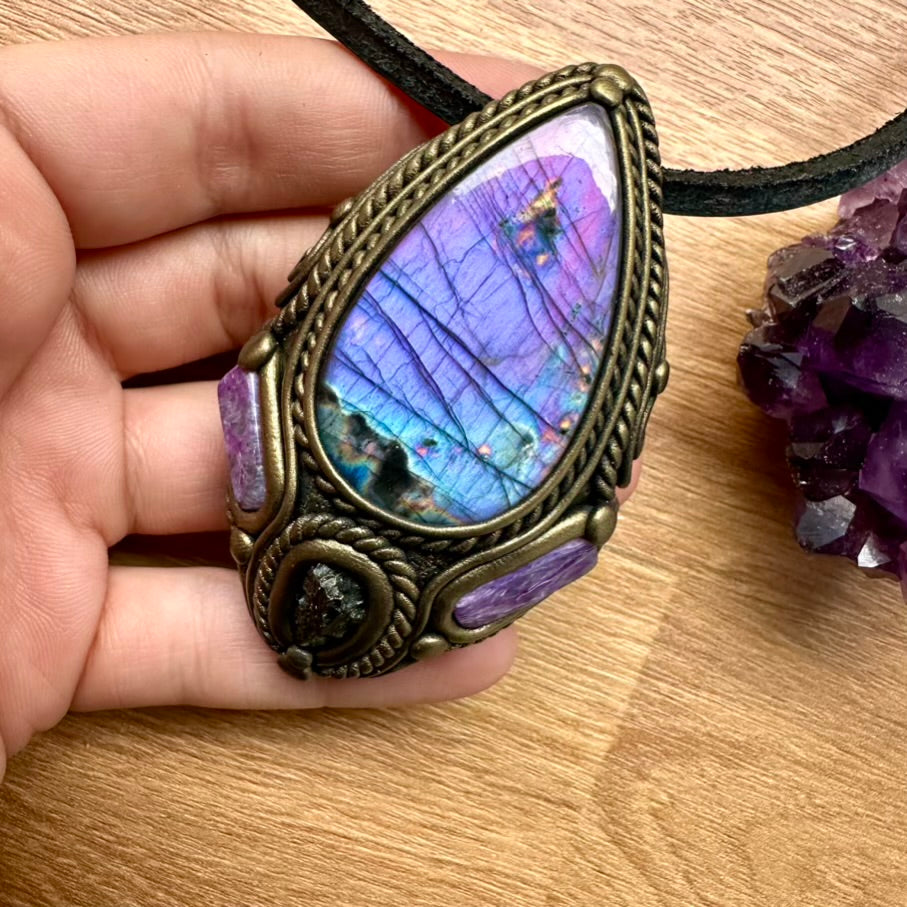 Purple Labradorite Moldavite and Charoite Necklace, One of a kind Handmade Jewlery - FairyGardenGlow
