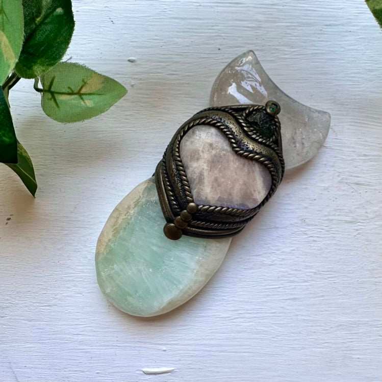 Handmade Crystal Wand with Pistachio Calcite Clear Quartz Moon Moldavite Moonstone Heart and Emerald - FairyGardenGlow