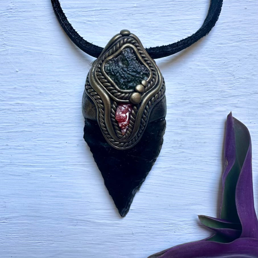 Black Obsidian Arrowhead Moldavite and Vanadinite Pendant Necklace, Healing Crystal Jewelry - FairyGardenGlow