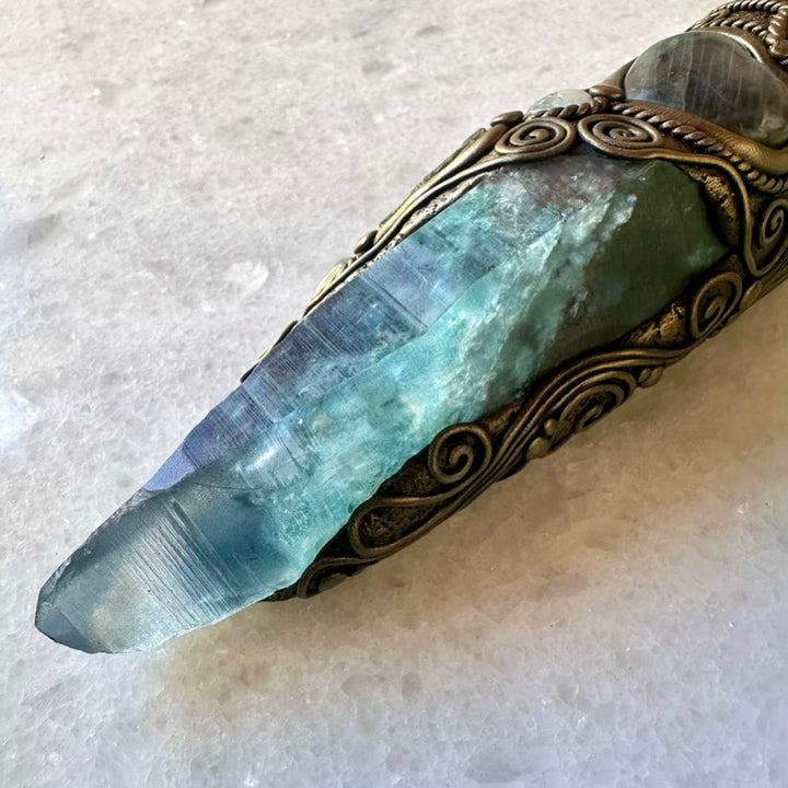 Large Aqua Aura Lemurian Quartz Obsidian Blue Labradorite Heart Australian Crystal Opal Moldavite Aquamarine and Clear Topaz Wand, Healing Crystal Tool - FairyGardenGlow