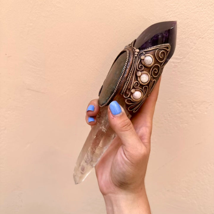 Crystal Wand - Large Lemurian Seed Quartz, Purple Fluorite Flame, Purple Labradorite, Morganite and Amethyst Wand - FairyGardenGlow