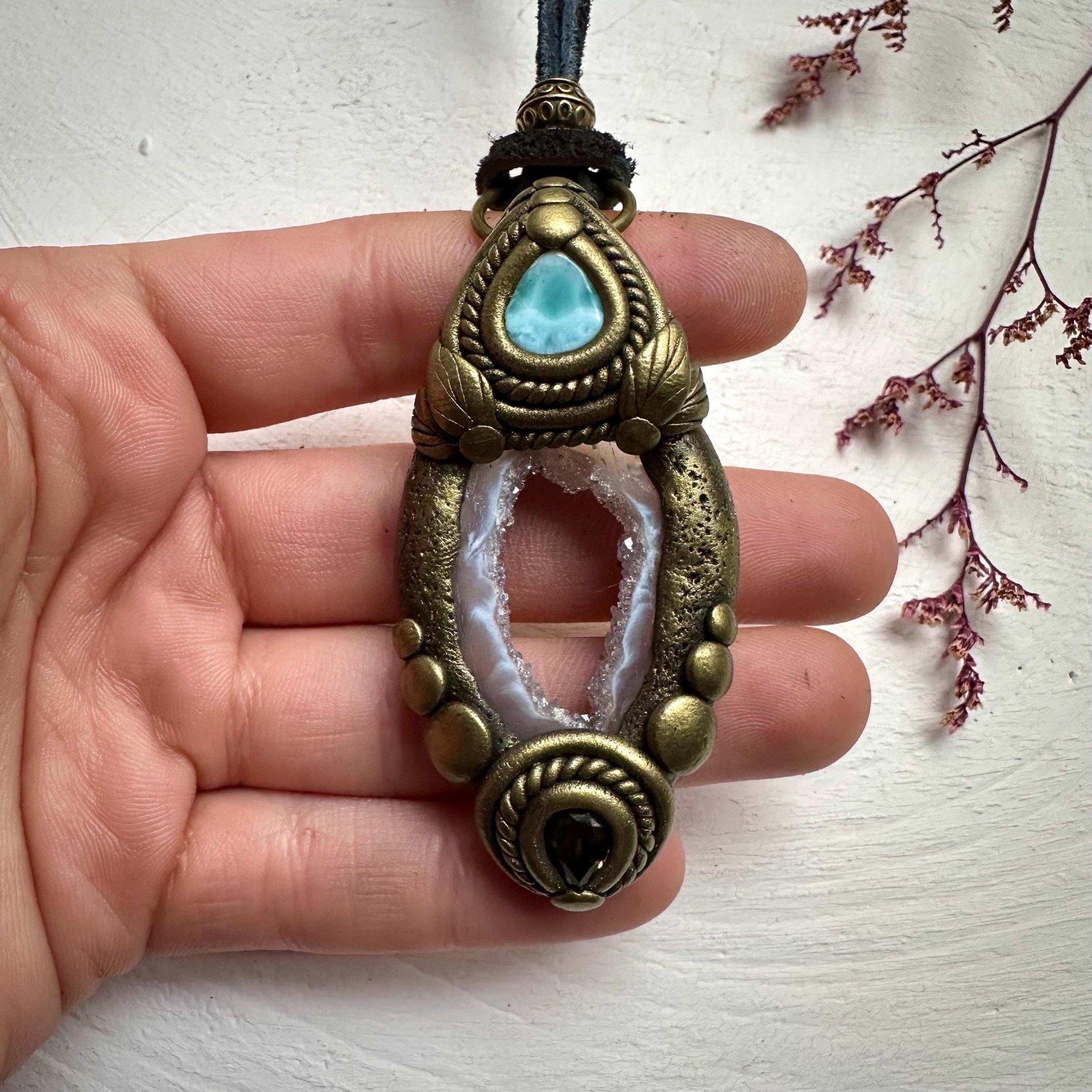 Agate Larimar and Smoky Quartz Pendant - FairyGardenGlow