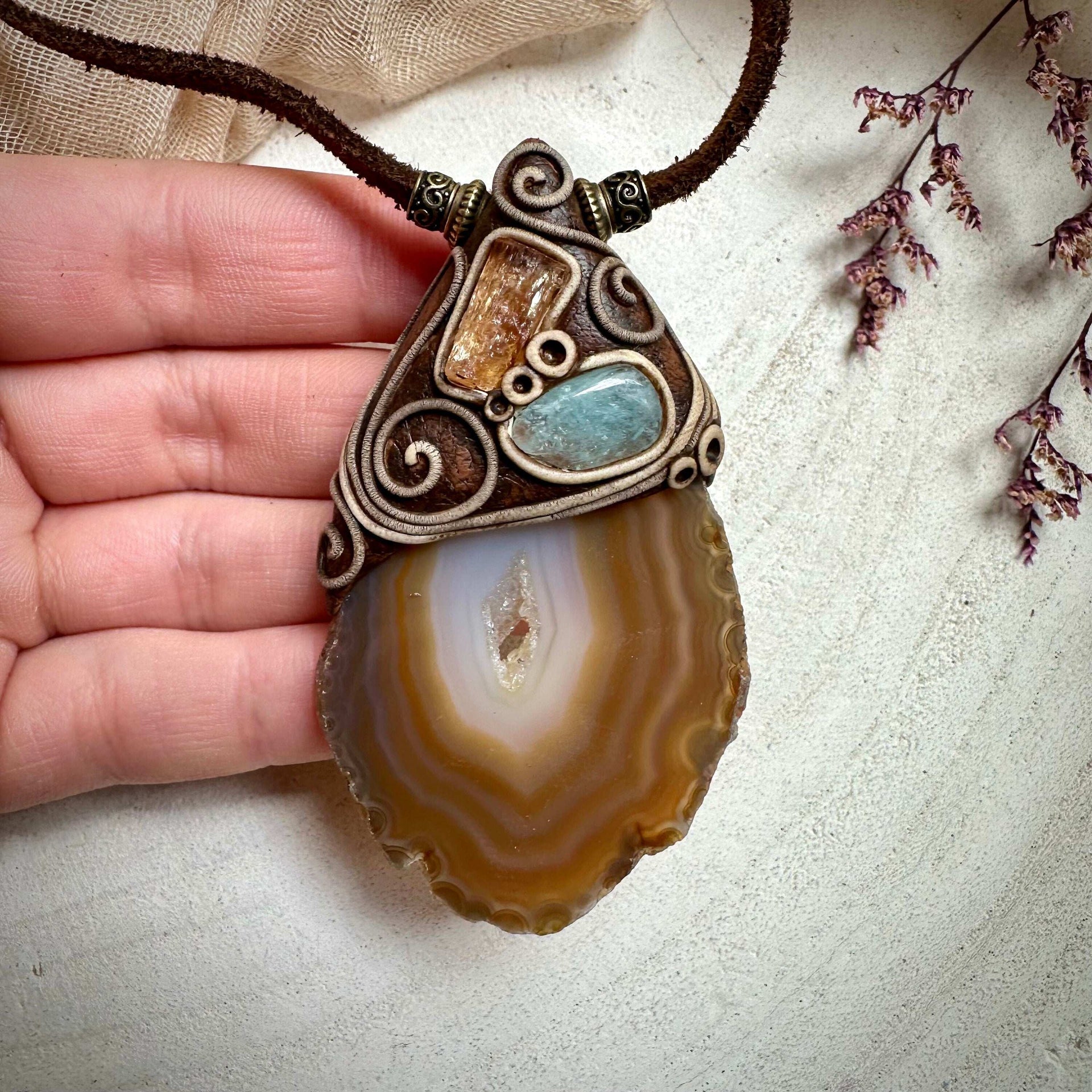 Agate Slice Aquamarine and Imperial Topaz Pendant Necklace - FairyGardenGlow