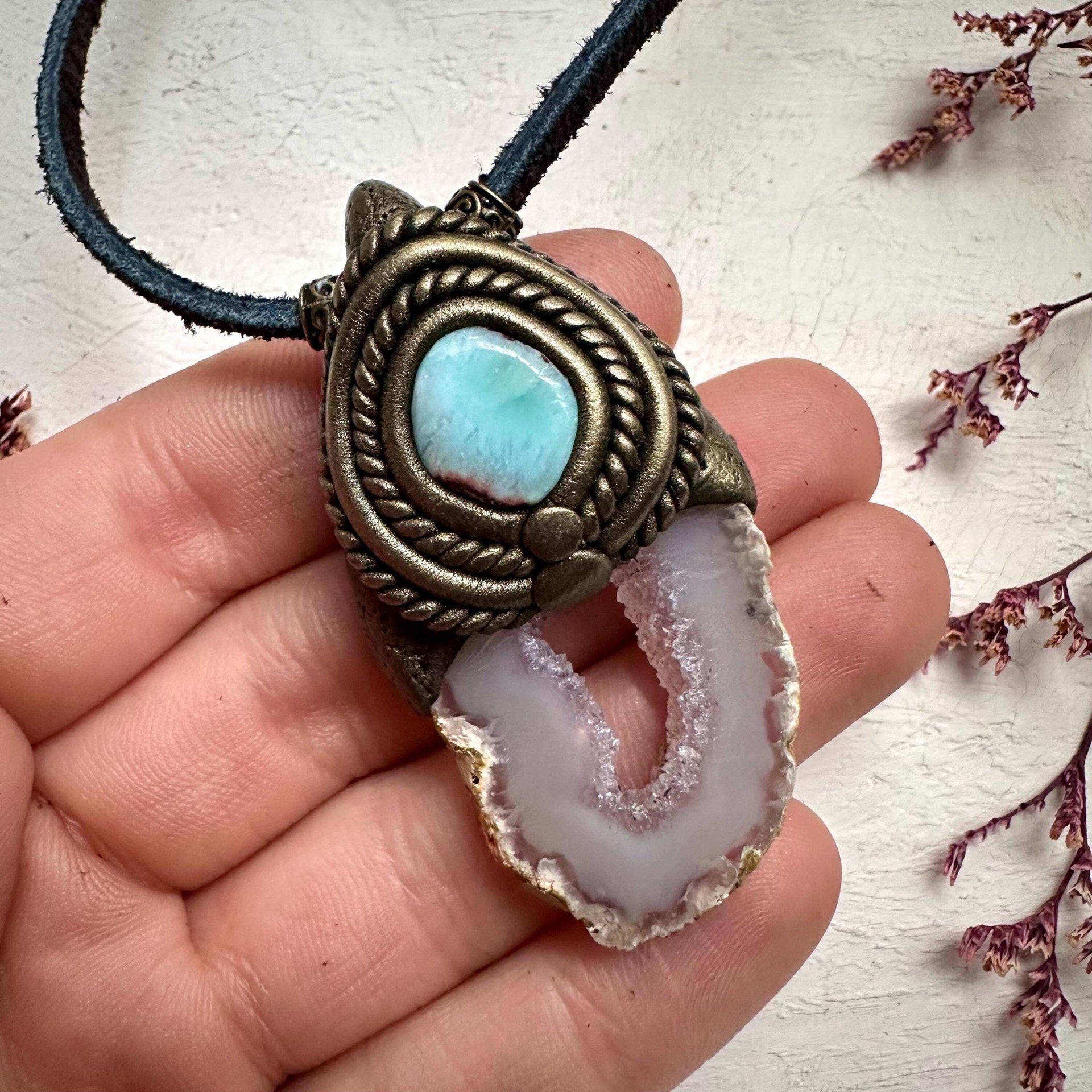 Agate Slice and Larimar Pendant Necklace - FairyGardenGlow