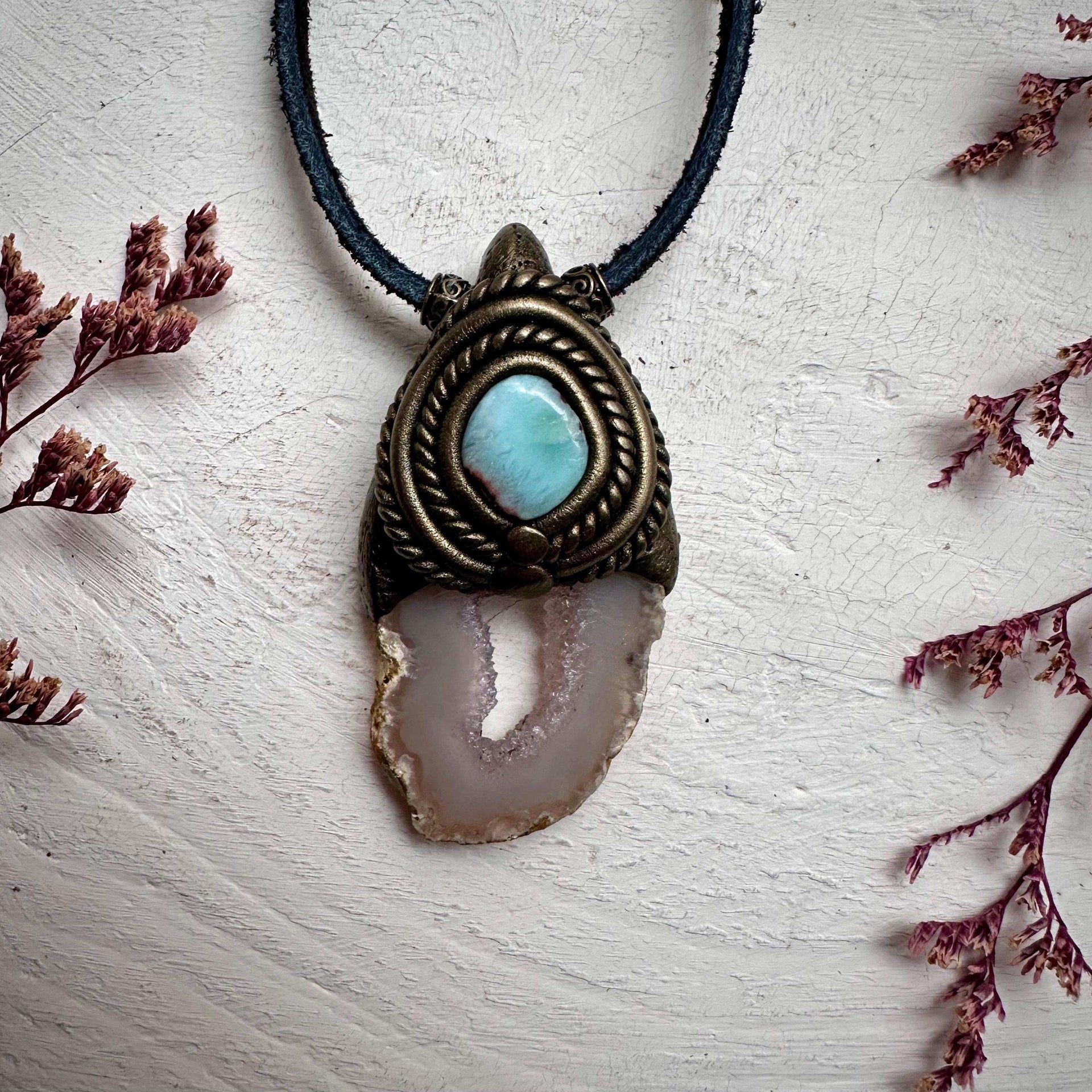 Agate Slice and Larimar Pendant Necklace - FairyGardenGlow