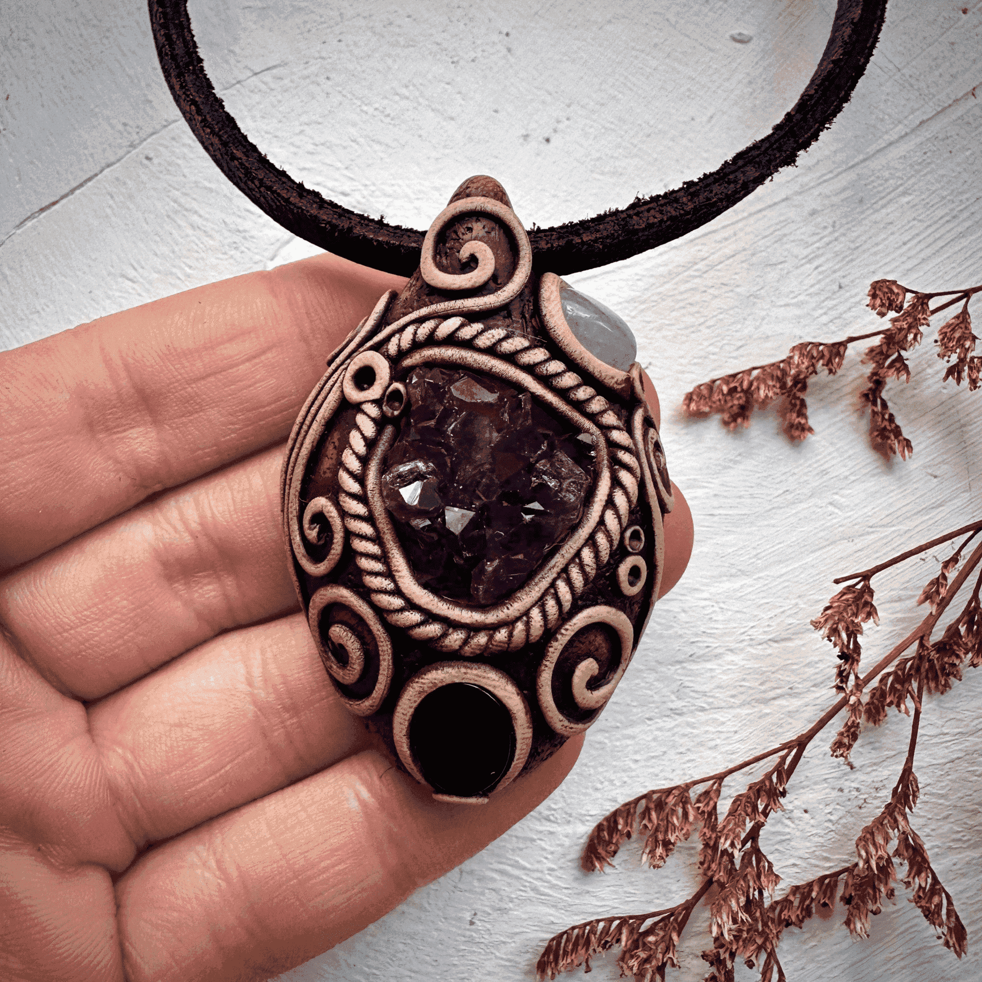 Amethyst Cluster Black Onyx and Aquamarine Pendant Necklace - FairyGardenGlow