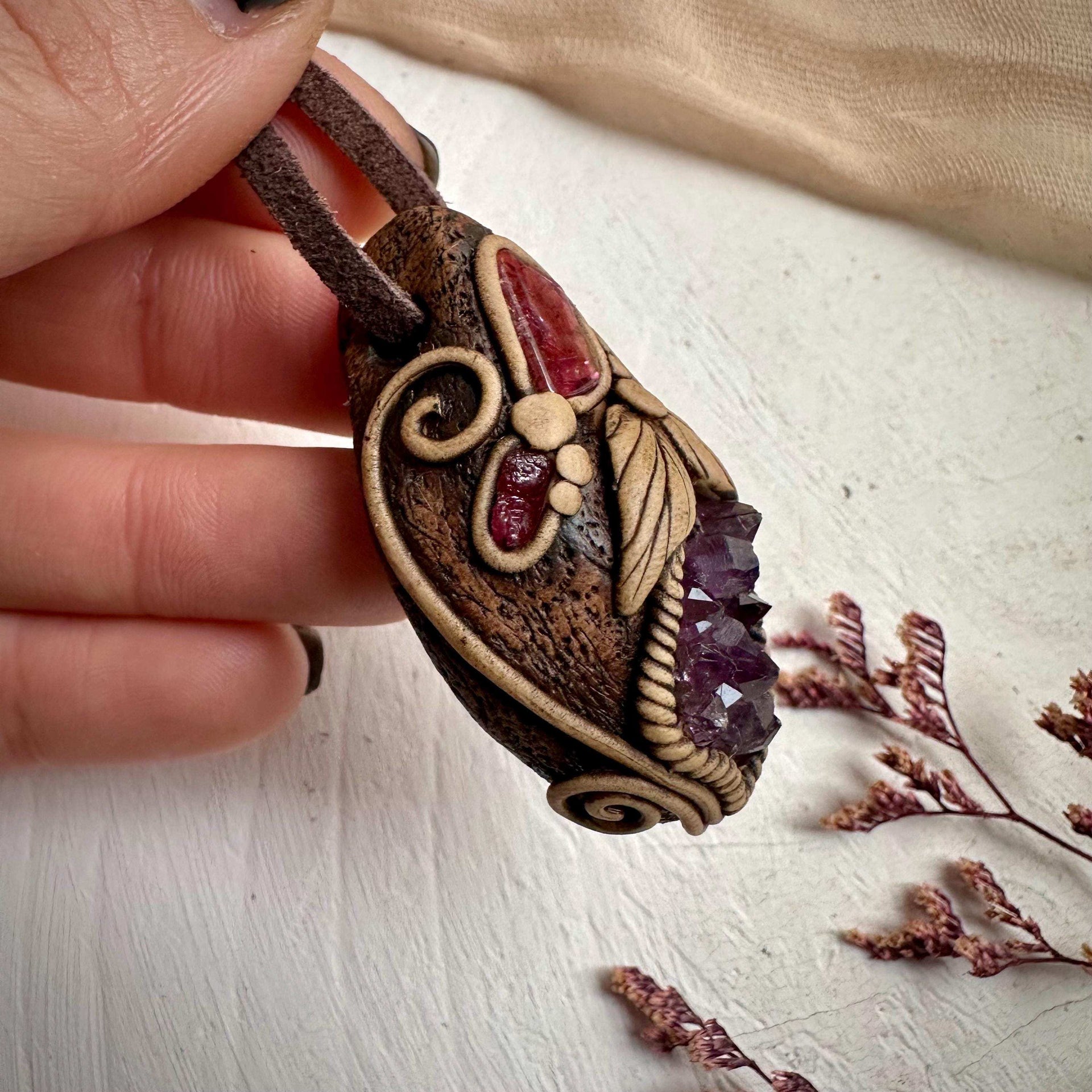 Amethyst Cluster Bi Color Tourmaline and Raw Mozambique Ruby Pendant Necklace - FairyGardenGlow