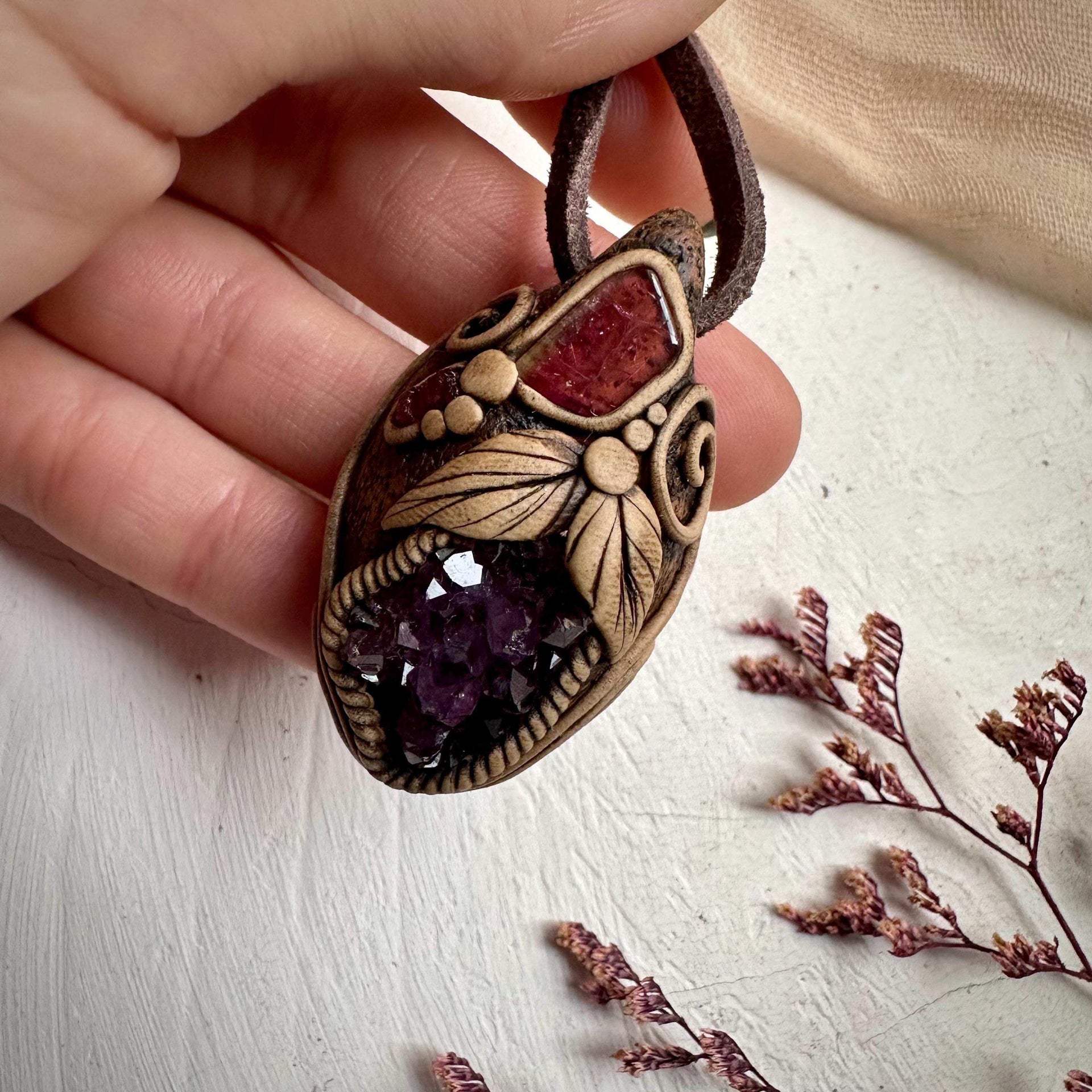 Amethyst Cluster Bi Color Tourmaline and Raw Mozambique Ruby Pendant Necklace - FairyGardenGlow