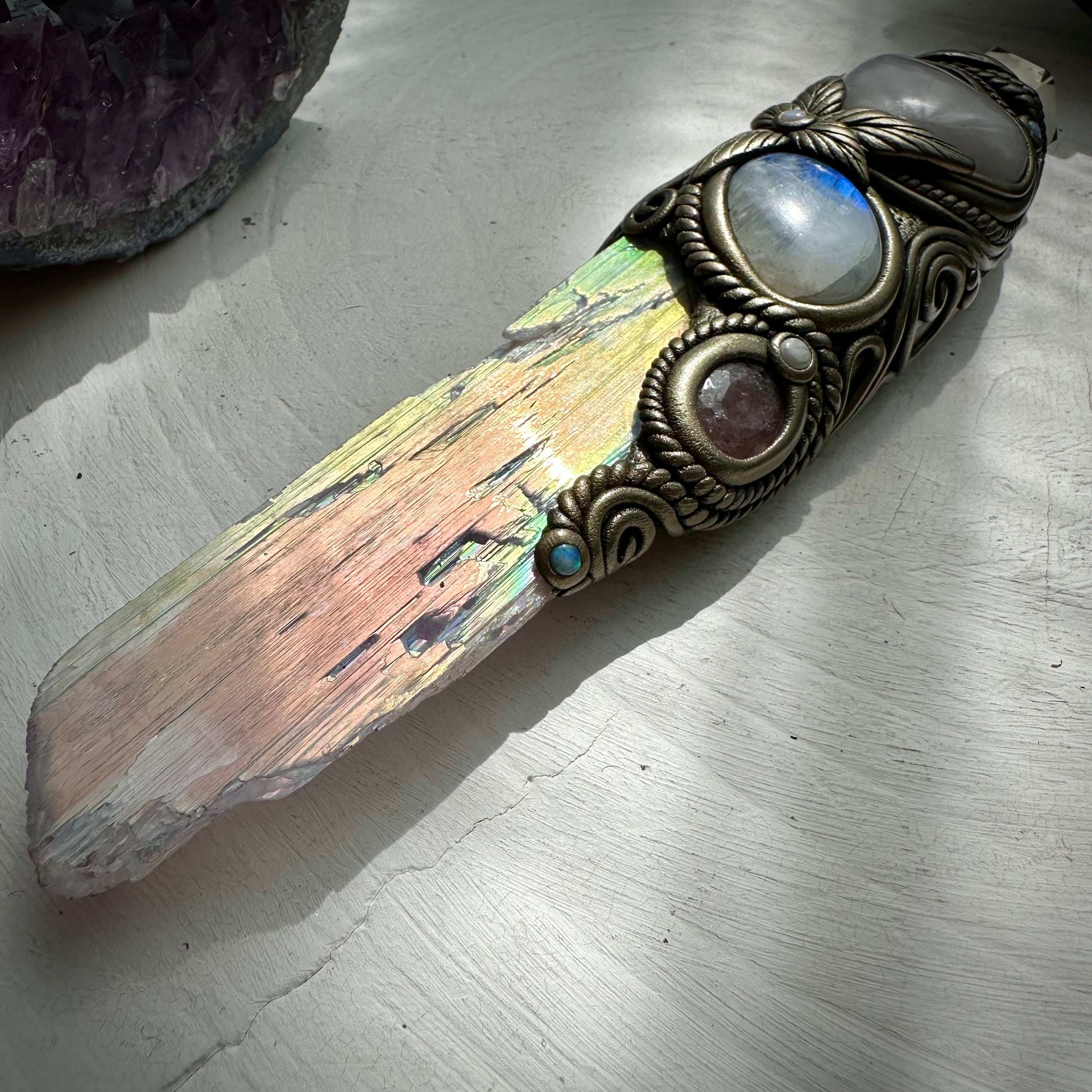 Angel Aura Kunzite with Citrine Point Rose Quartz Heart Strawberry Quartz Rainbow Moonstone and Australian Opal Wand - FairyGardenGlow