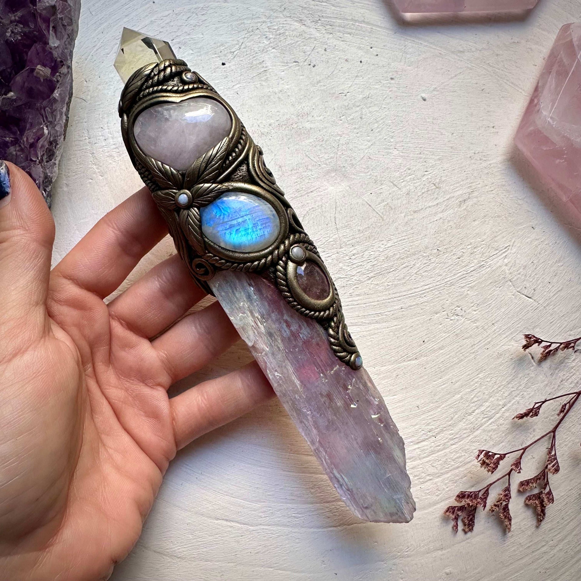 Angel Aura Kunzite with Citrine Point Rose Quartz Heart Strawberry Quartz Rainbow Moonstone and Australian Opal Wand - FairyGardenGlow