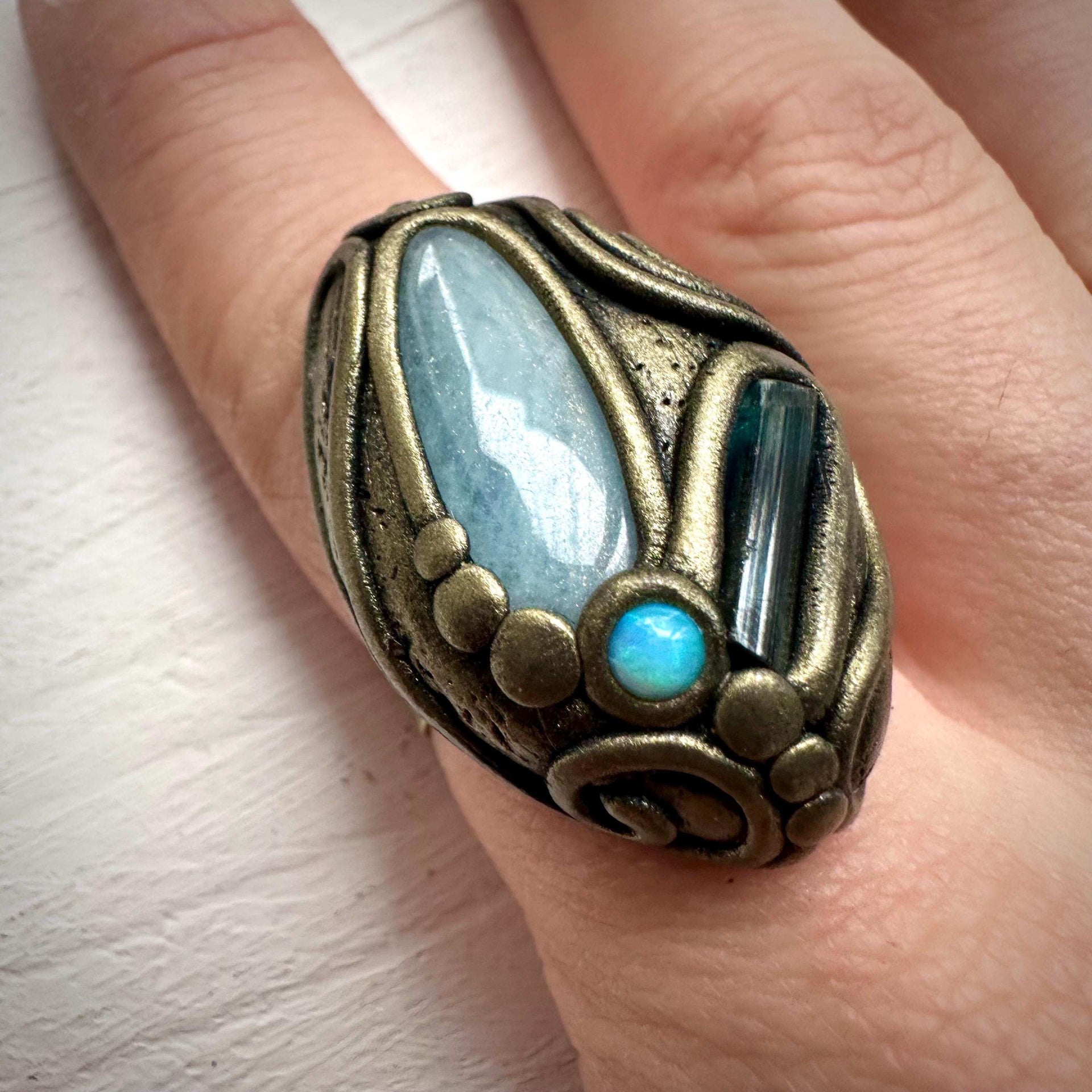 Aquamarine Blue Tourmaline and Australian Opal Ring - FairyGardenGlow