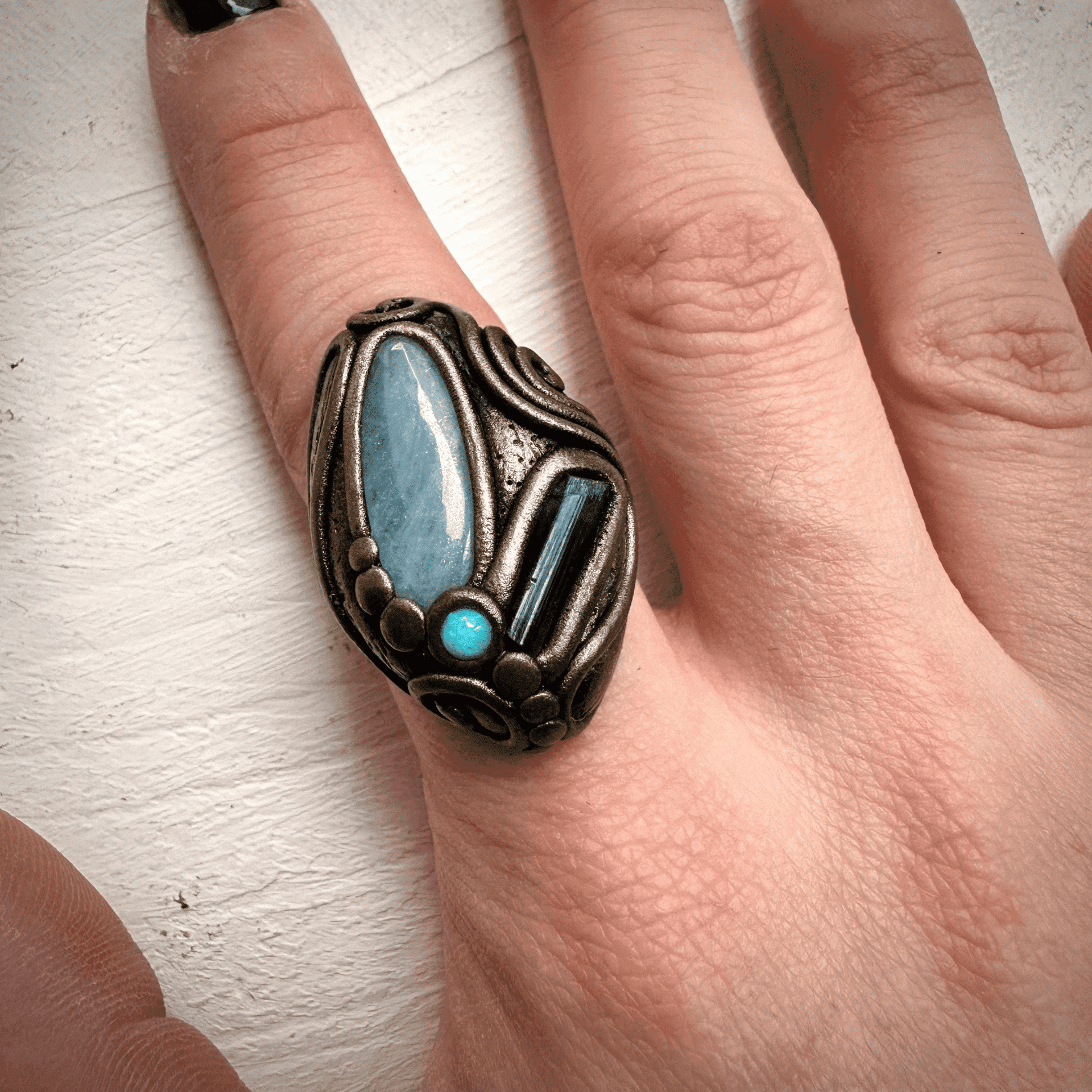 Aquamarine Blue Tourmaline and Australian Opal Ring - FairyGardenGlow