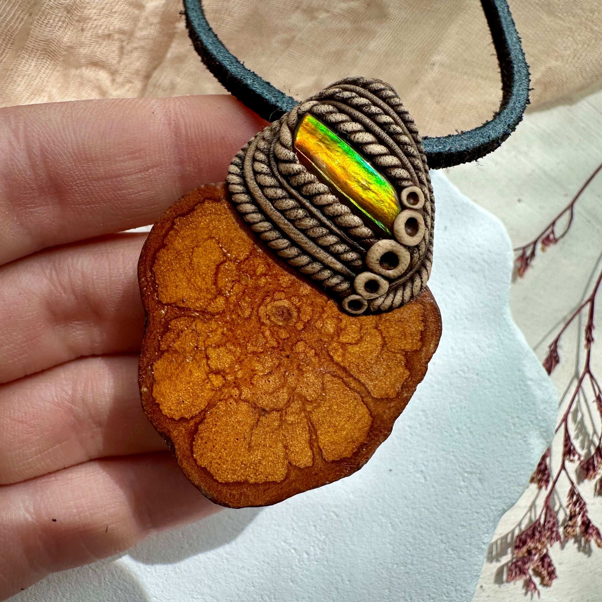 Ayahuasca Vine and Ammolite Pendant Necklace - FairyGardenGlow