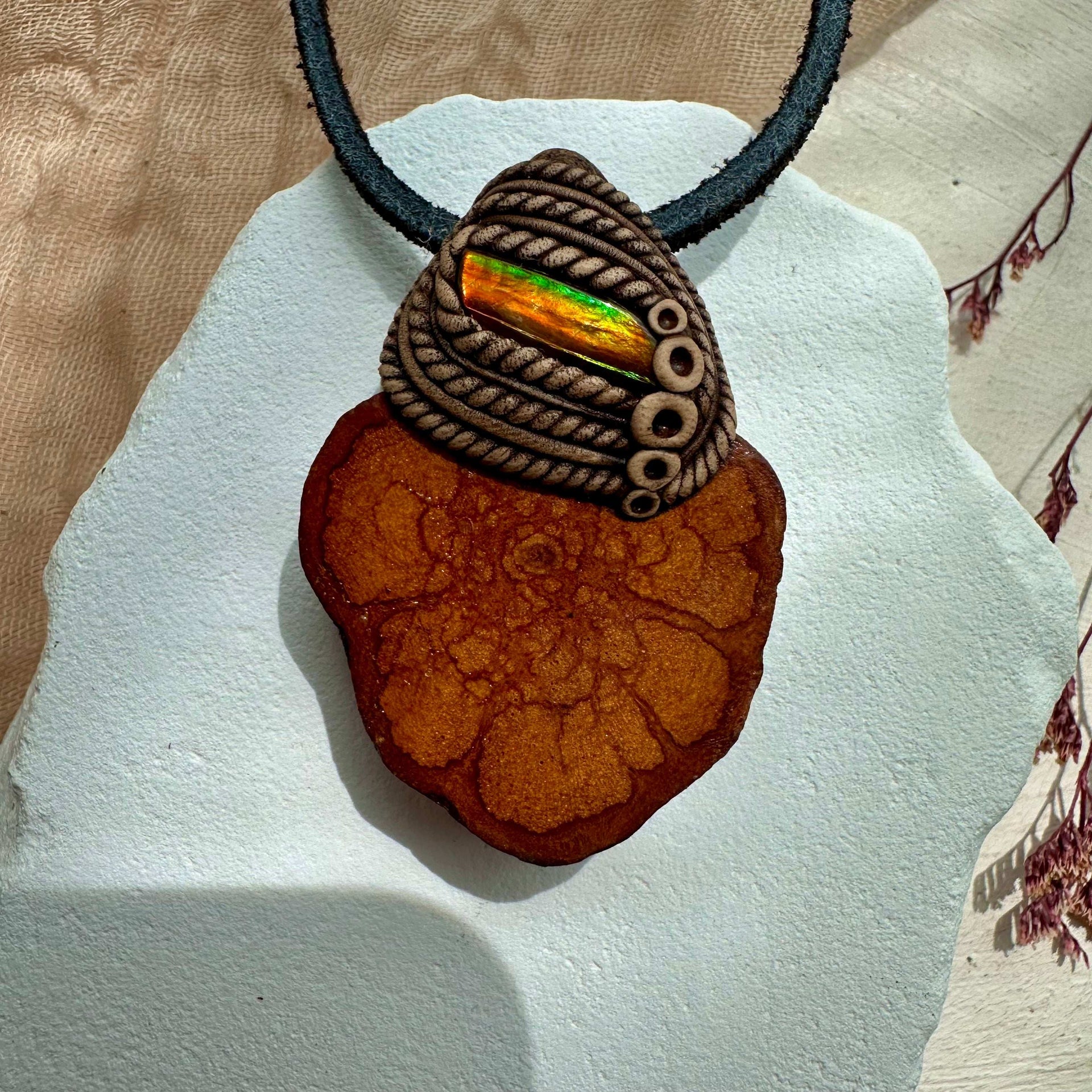Ayahuasca Vine and Ammolite Pendant Necklace - FairyGardenGlow