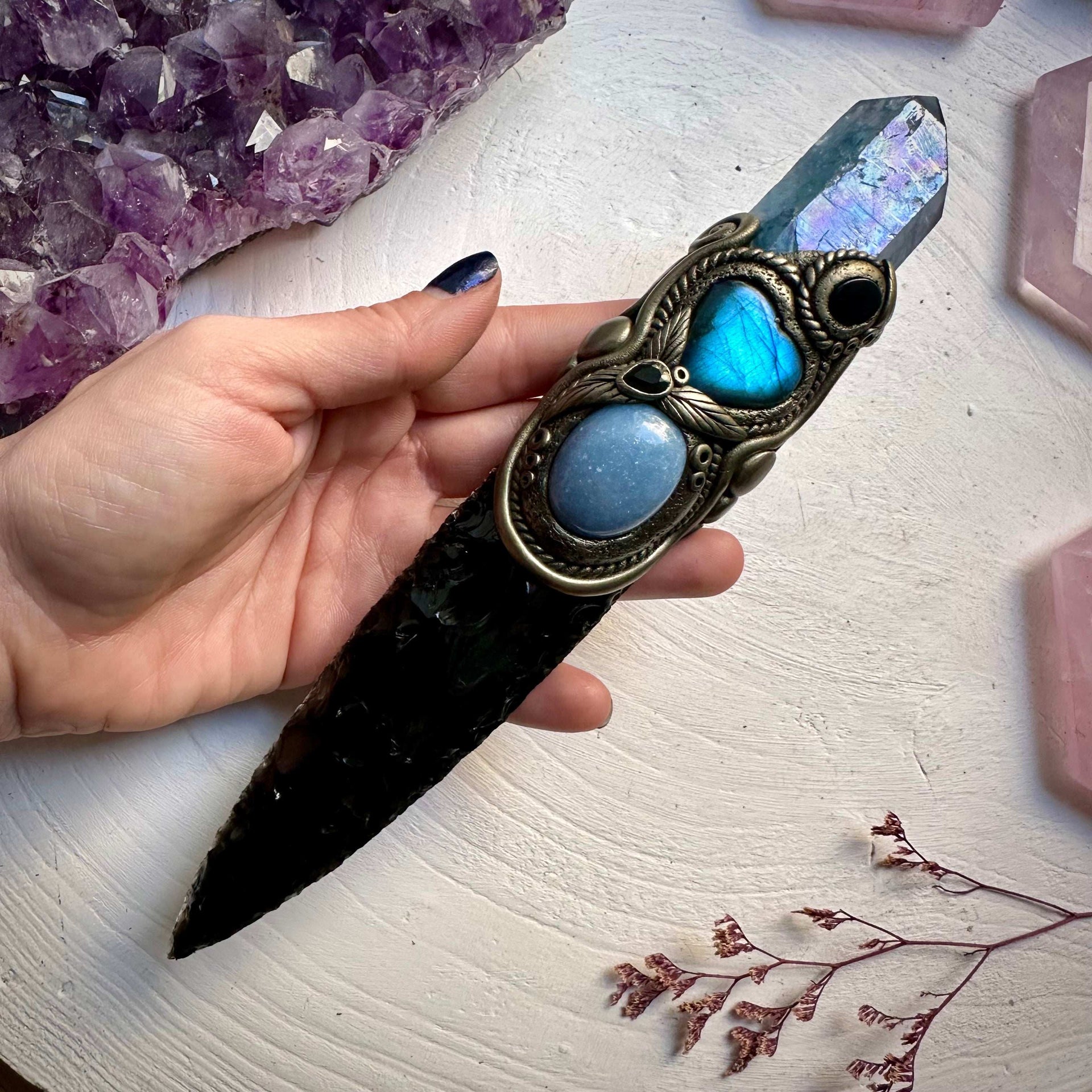Black Obsidian Arrowhead with Aqua Aura Quartz Labradorite Heart Angelite and Smoky Quartz and Black Onyx Wand - FairyGardenGlow