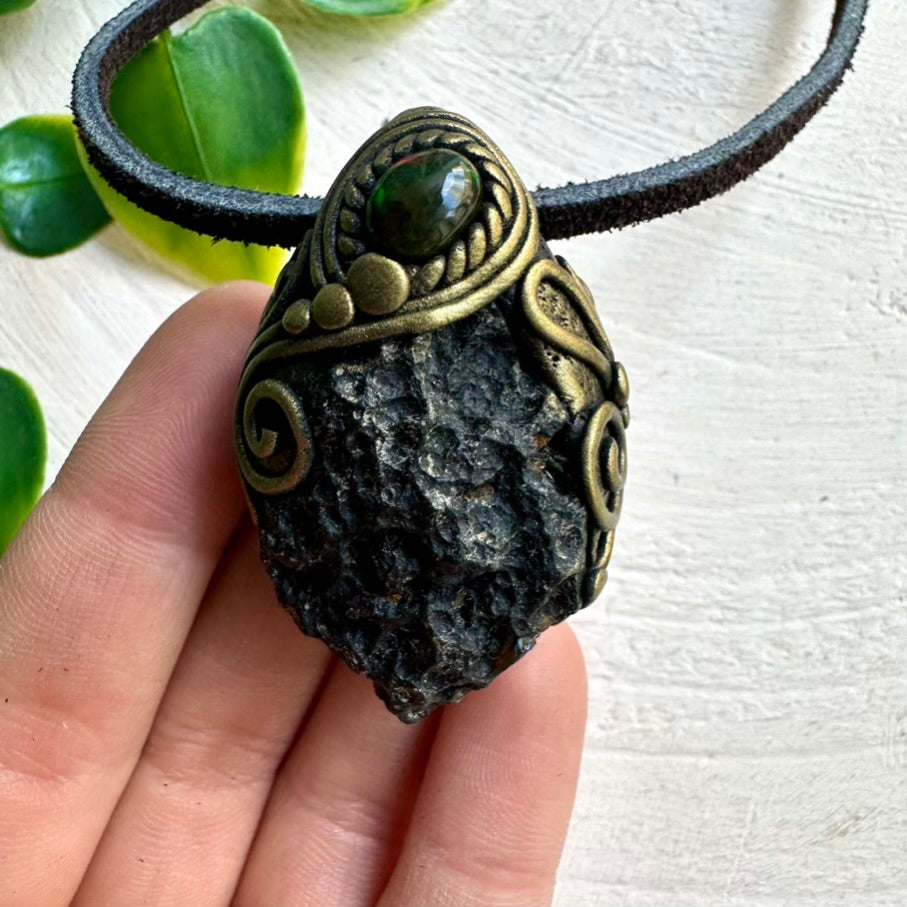 Handmade Necklace with Black Tektite and Ethiopian Opal – Raw Crystal Jewelry for Balance and Energy Healing