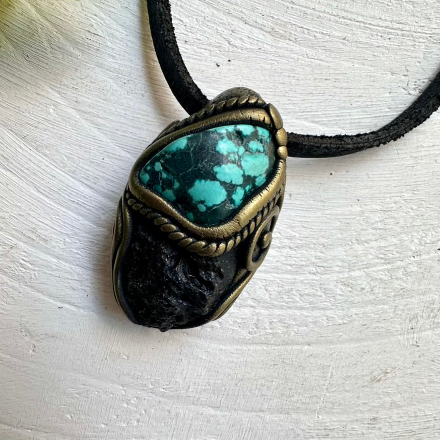 Handcrafted Necklace with Turquoise and Black Tektite – Crystal Jewelry for Positive Energy
