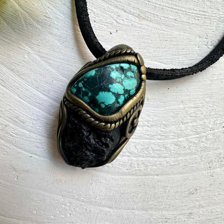Handcrafted Necklace with Turquoise and Black Tektite – Crystal Jewelry for Positive Energy