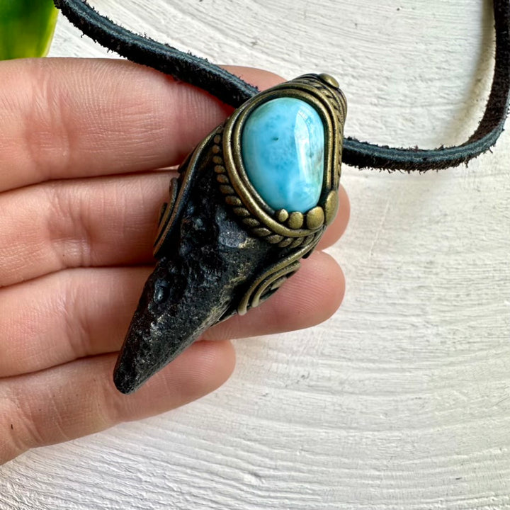 Unique Handmade Necklace – Black Tektite and Larimar Gemstone Pendant for Strength and Calm