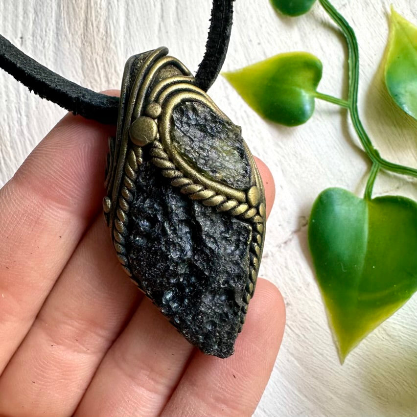Black Tektite and Moldavite Handmade Pendant Necklace – Healing Stone Jewelry for Protection and Transformation