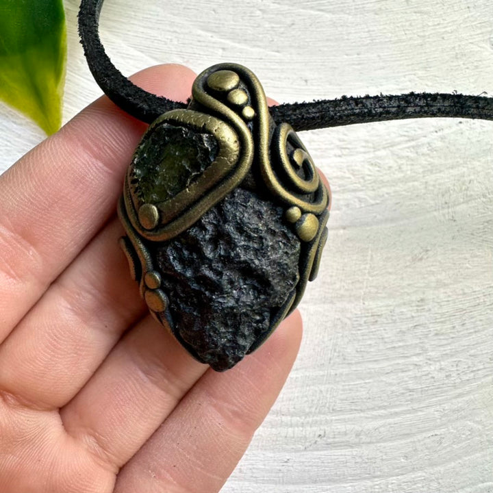 Black Tektite and Moldavite Necklace – Unisex Handmade Crystal Jewelry for Protection and Transformation