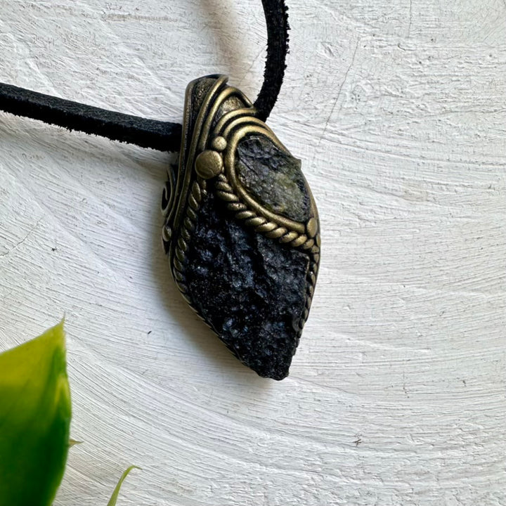 Moldavite and Tektite Crystal Necklace on Adjustable Leather Cord – Grounding and Transformation Energy Pendant