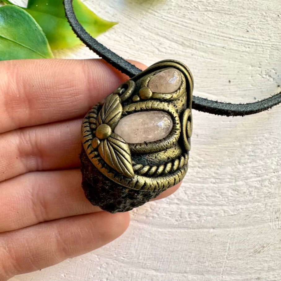 Black Tektite and Morganite Pendant Necklace – Handmade Spiritual Crystal Jewelry for Healing and Transformation