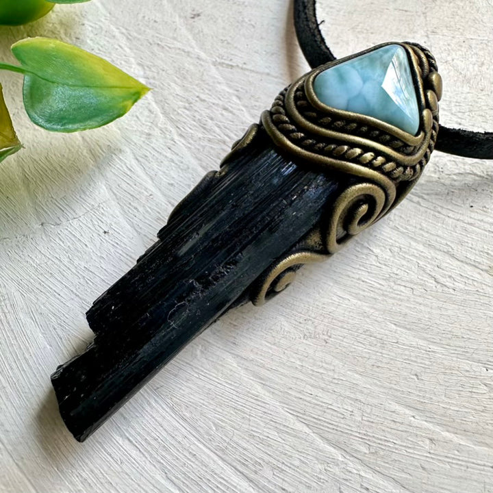 Unisex Handmade Crystal Necklace – Black Tourmaline and Larimar for Grounding and Serenity
