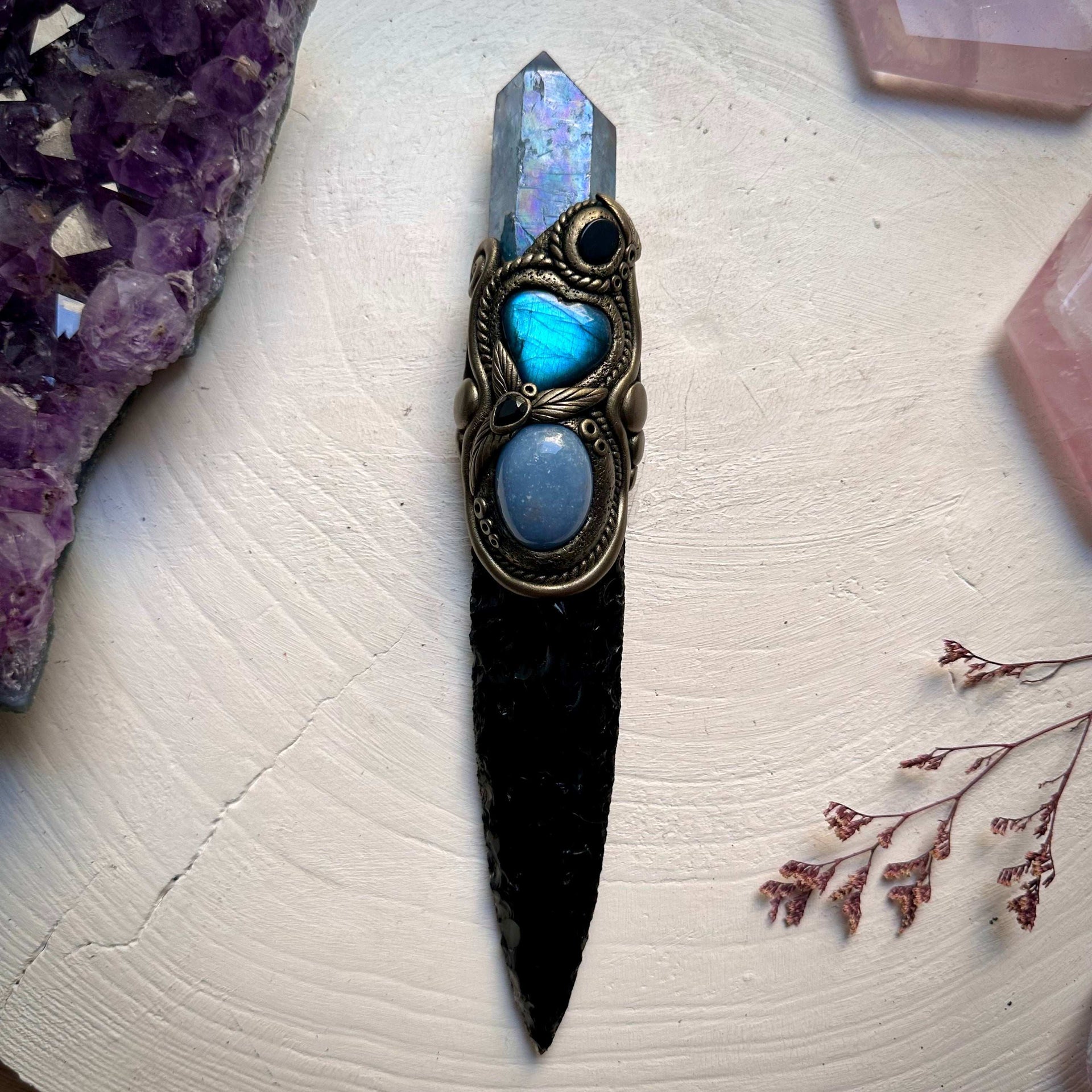 Black Obsidian Arrowhead with Aqua Aura Quartz Labradorite Heart Angelite and Smoky Quartz and Black Onyx Wand - FairyGardenGlow