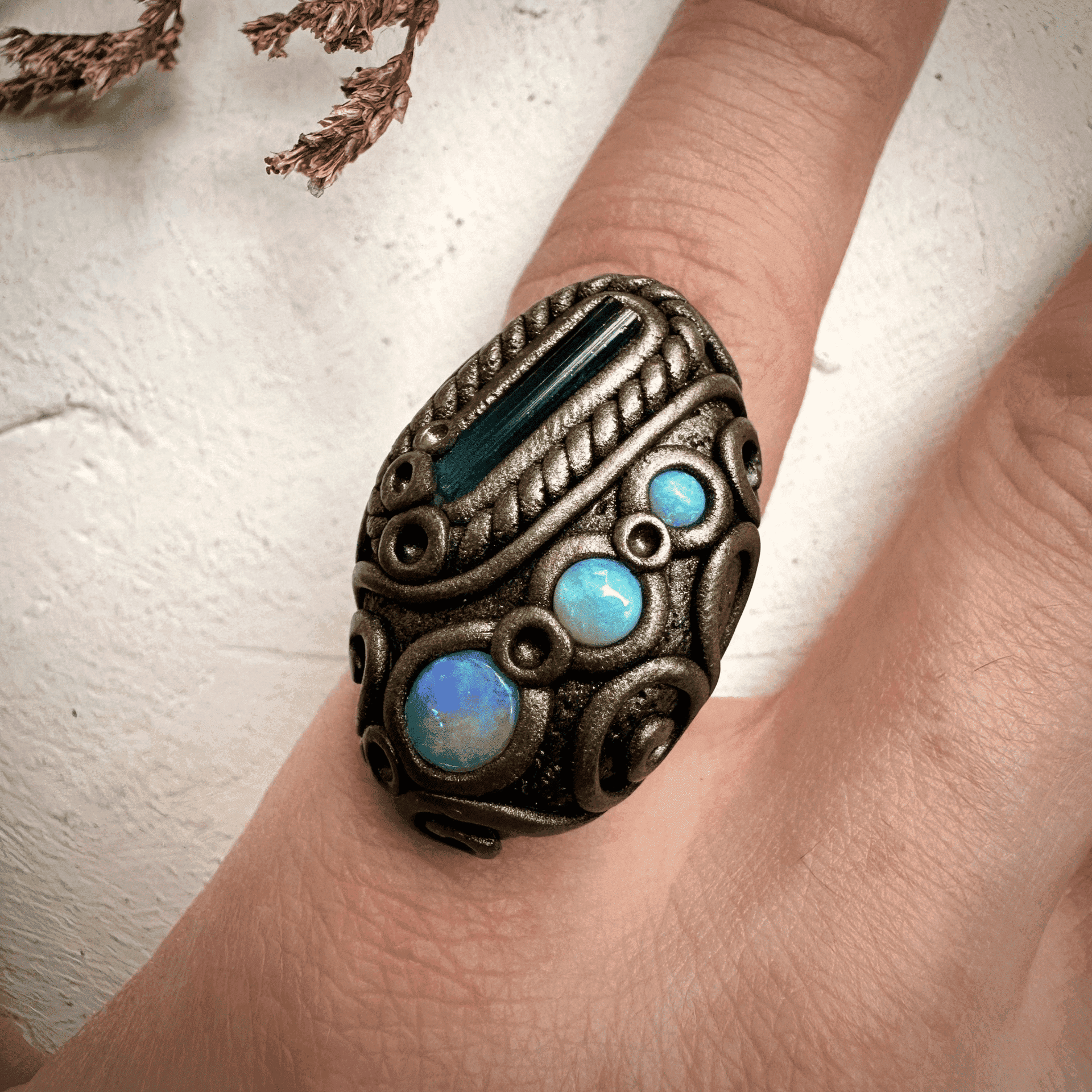 Blue Tourmaline and Australian Opal Ring - FairyGardenGlow