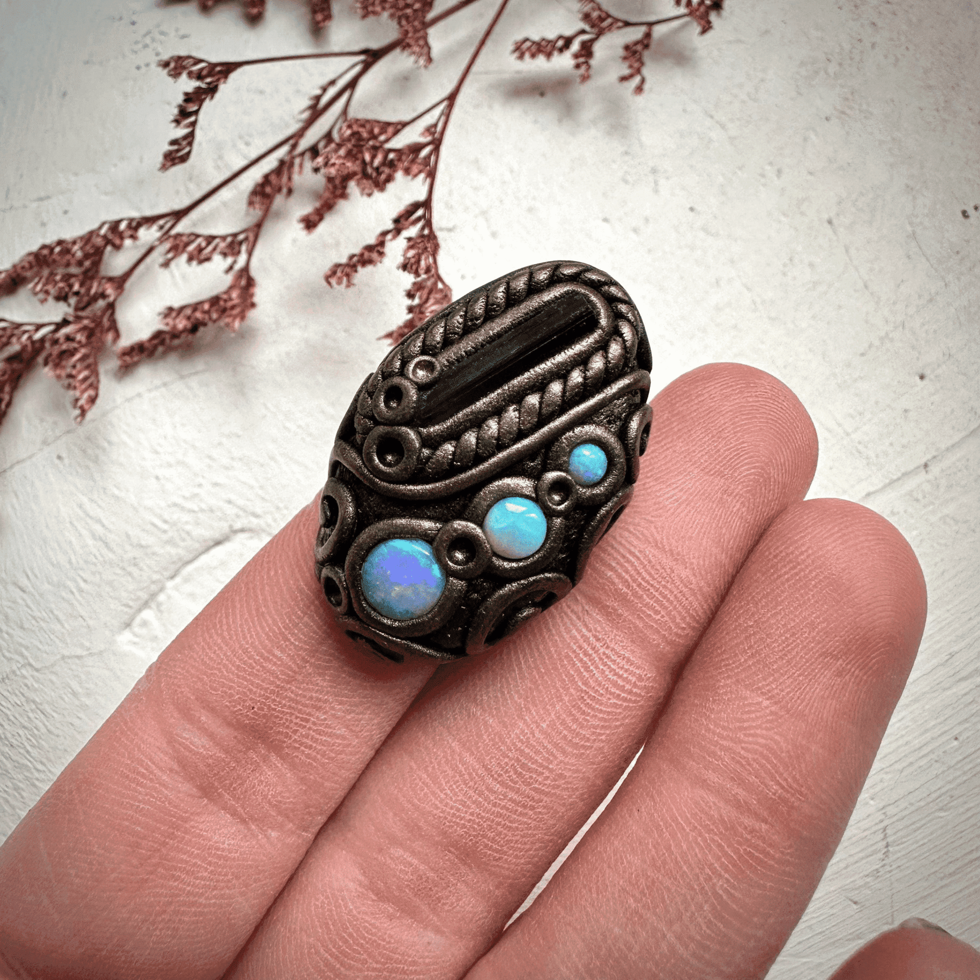 Blue Tourmaline and Australian Opal Ring - FairyGardenGlow