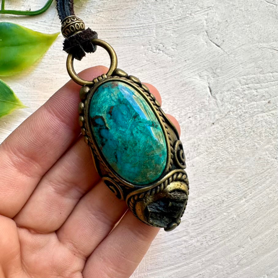Chrysocolla and Moldavite Pendant – Unique Handmade Crystal Necklace for Healing and Transformation