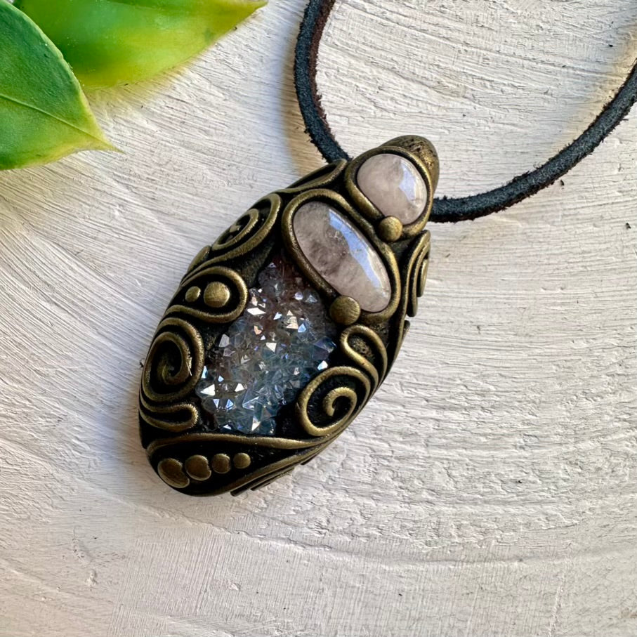 Aqua Aura Quartz and Morganite Pendant – Healing Crystal Jewelry for Heart Chakra Energy