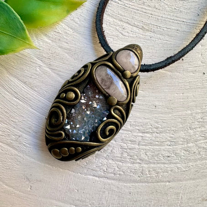 Aqua Aura Quartz and Morganite Pendant – Healing Crystal Jewelry for Heart Chakra Energy