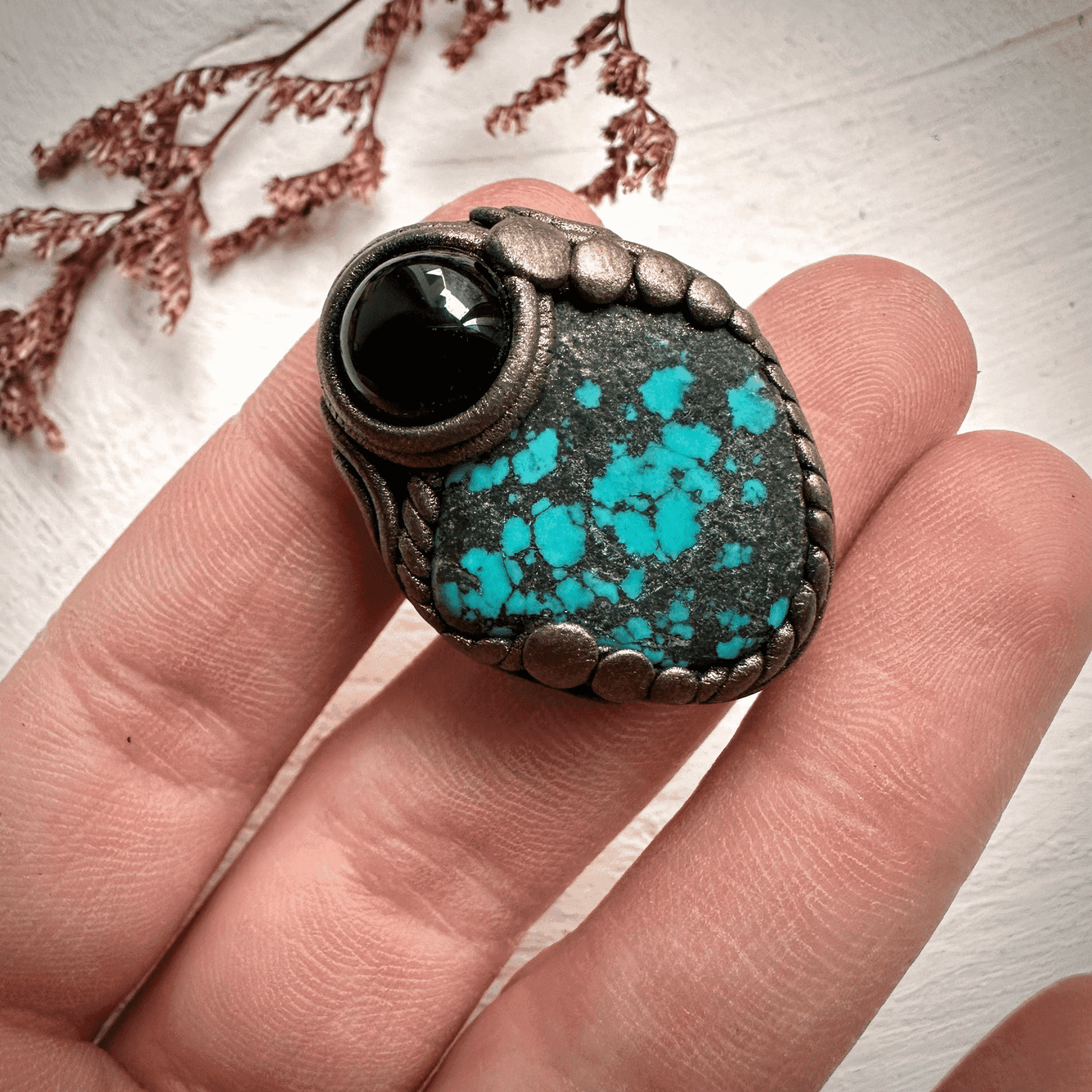 Turquoise and Black Onyx Ring - FairyGardenGlow