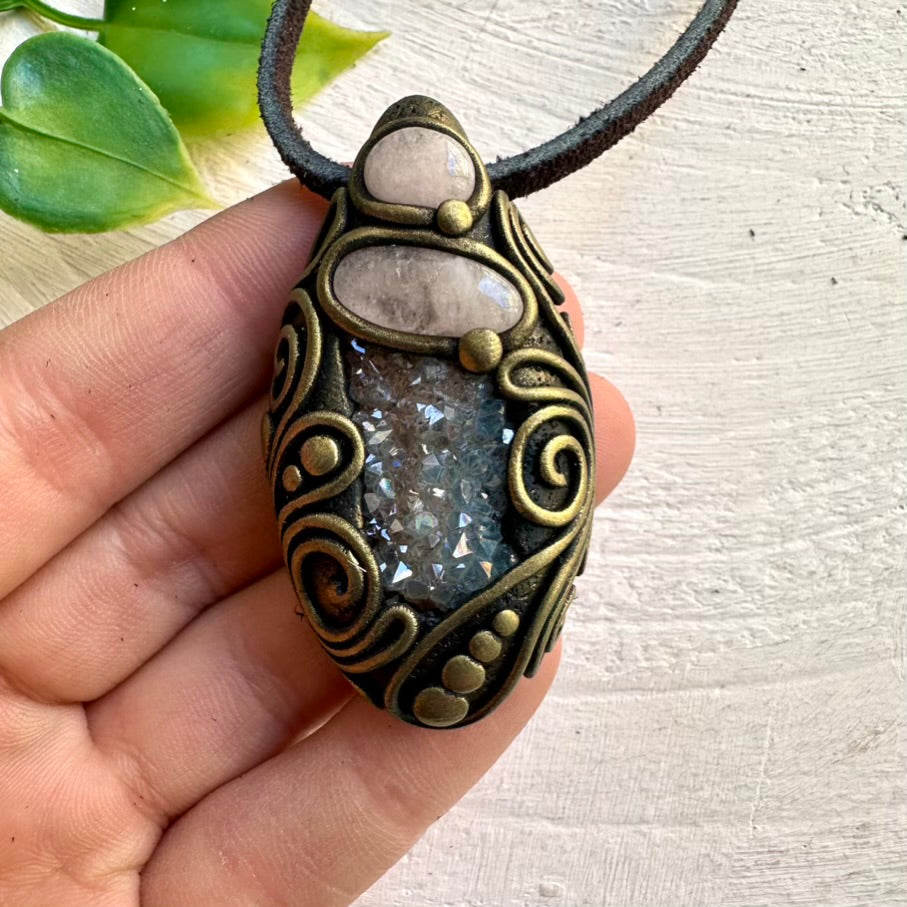 Morganite and Aqua Aura Quartz Pendant – Healing Necklace for Emotional Balance and Calm